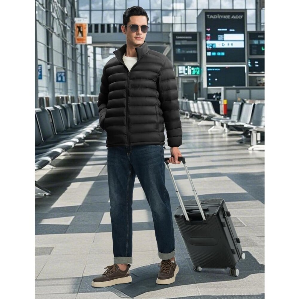 Men’s Black 100% Nylon Hooded Zip-Up Lightweight Warm Winter Puffer Jacket - Picture 3 of 7